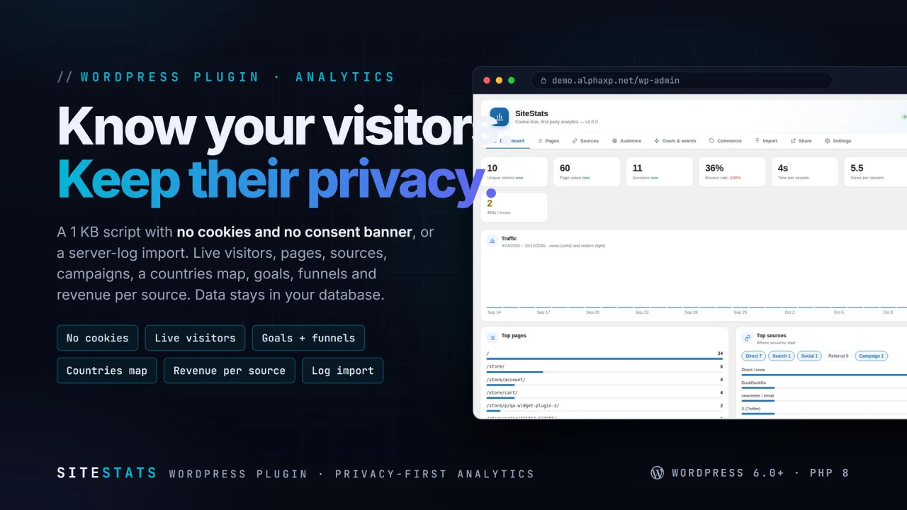 SiteStats | Cookie-free Analytics with Goals, Funnels & Revenue — screenshot 1
