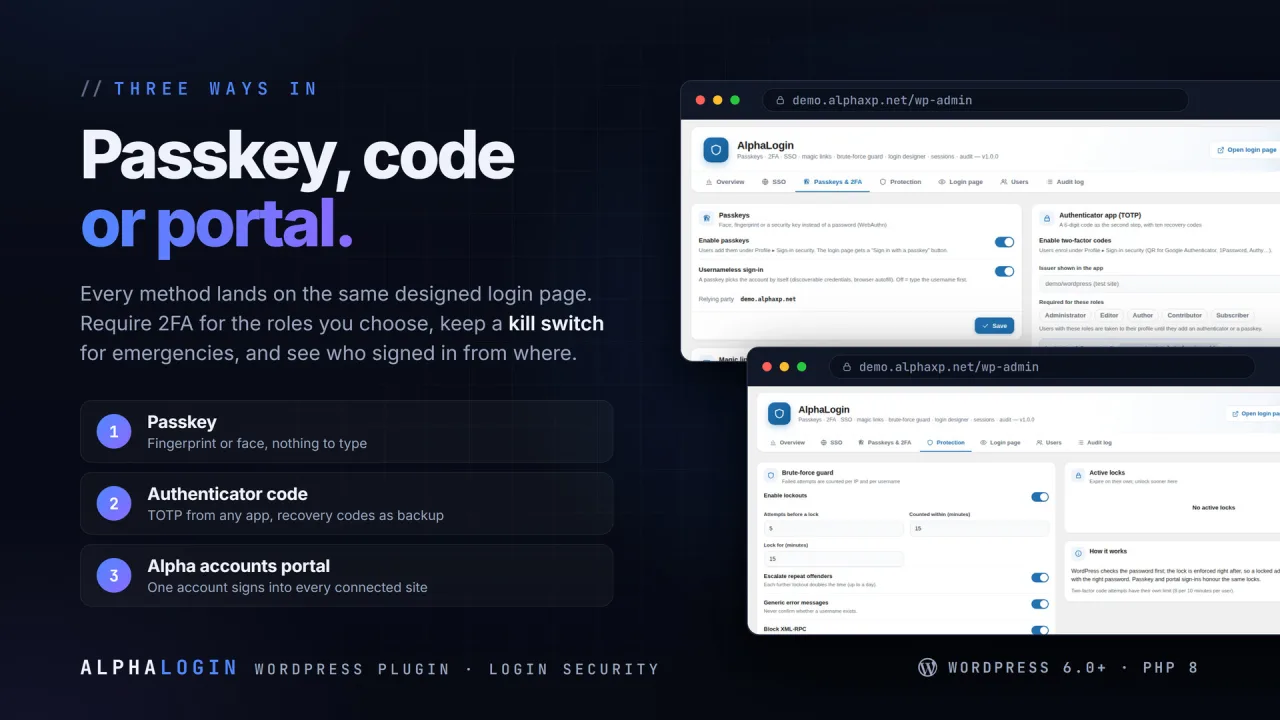 AlphaLogin | Passkeys, 2FA & SSO for WordPress — screenshot 3