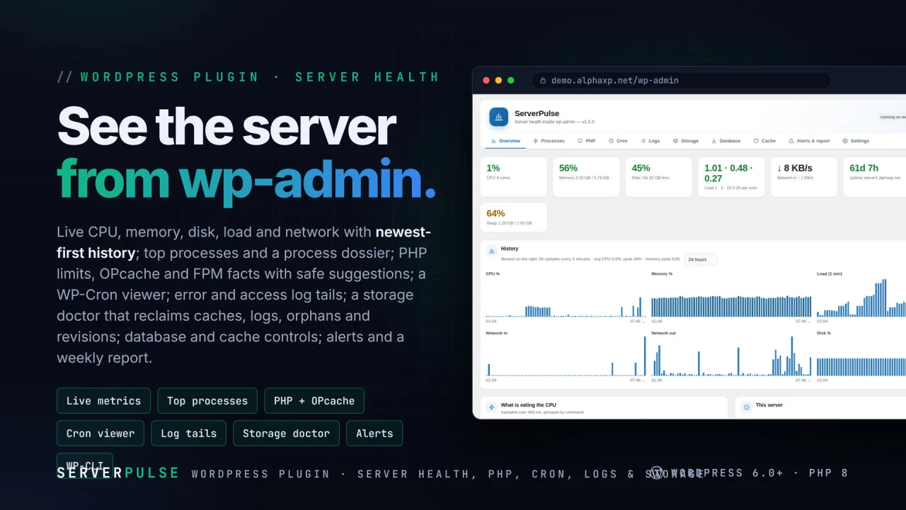 ServerPulse | Server Health, PHP, Cron & Logs for WordPress — screenshot 1