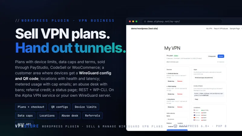 VPNStore | Sell & Manage WireGuard VPN Plans from WordPress