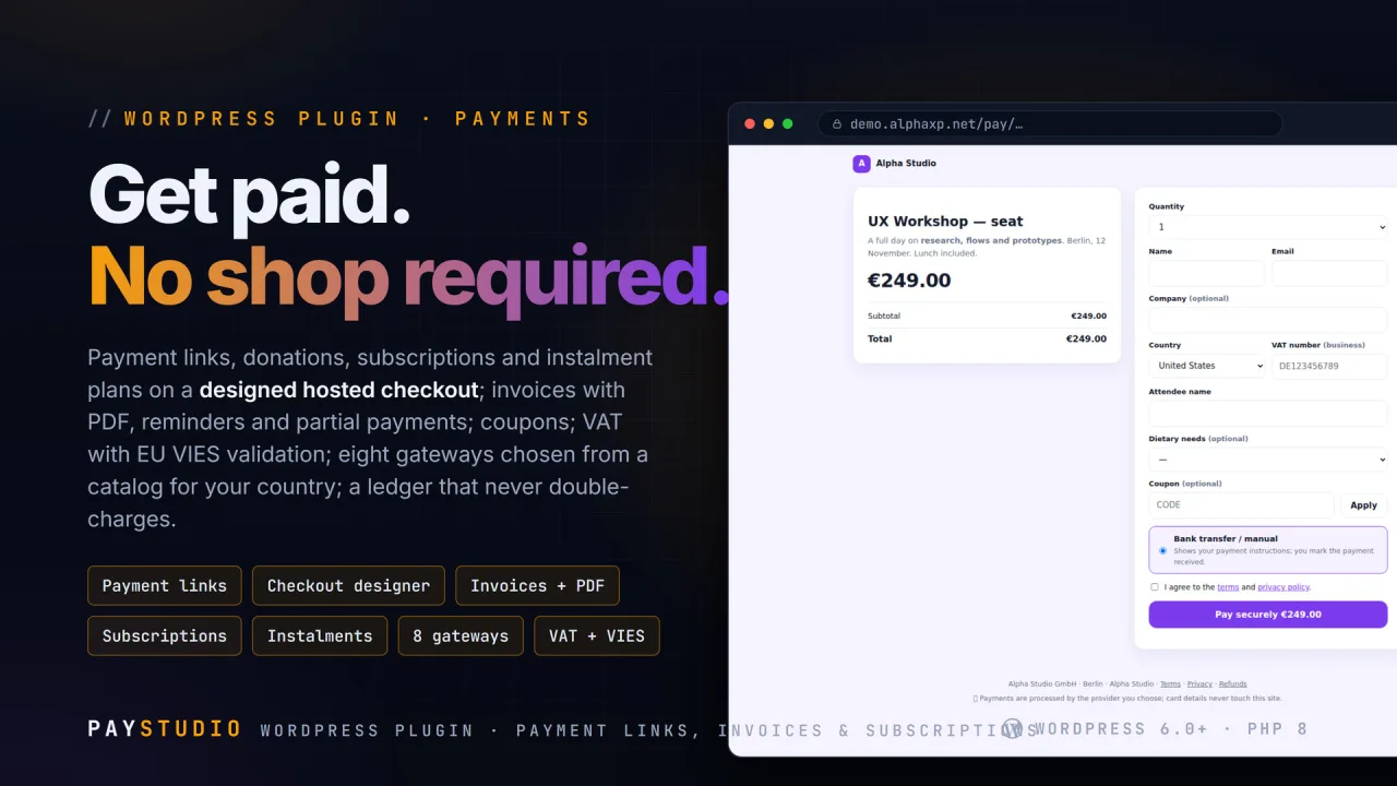PayStudio | Payment Links & Invoices for WordPress — screenshot 1